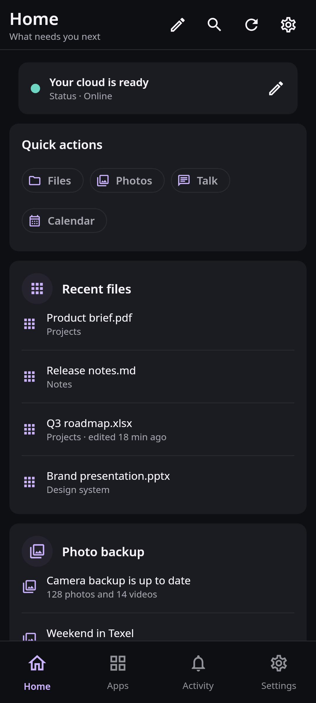 Nextcloud Native Android Home screen showing the connected account status, quick actions, recent files, upcoming events, photo backup, and conversations