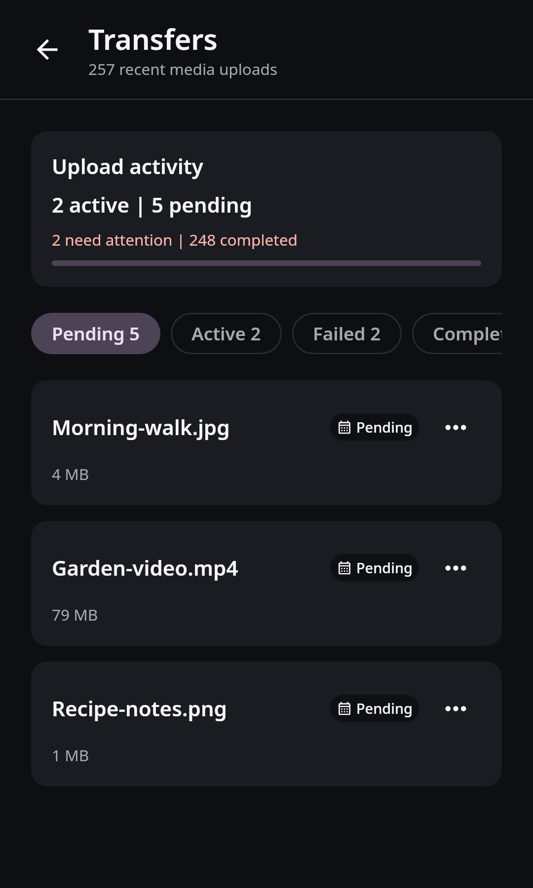Nextcloud Native Android media transfer center with pending, uploading, failed, succeeded, changed, and cloud-only records grouped by actionable status