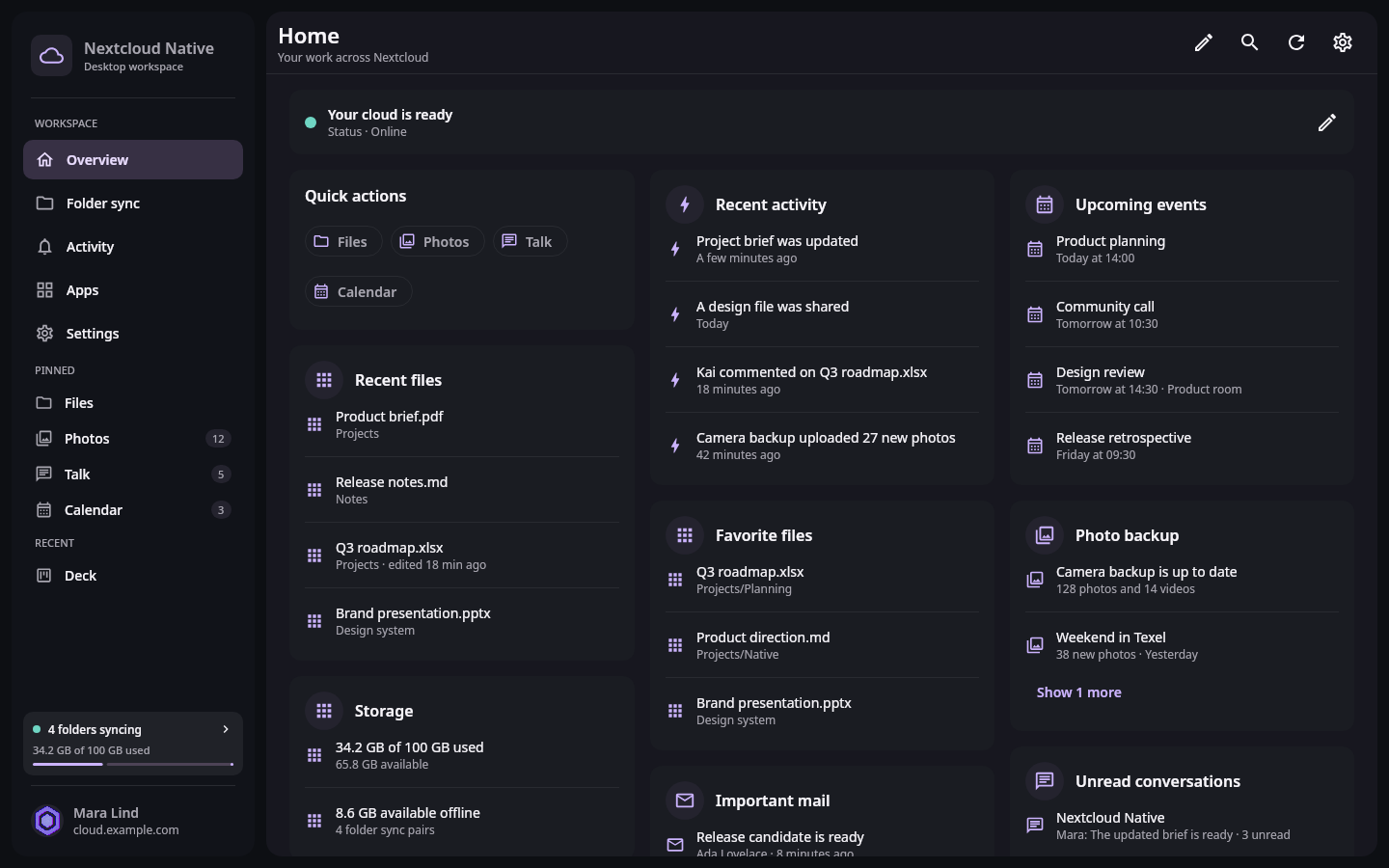Nextcloud Native desktop Home workspace with connected account status, quick actions, recent files, upcoming events, storage, and persistent navigation