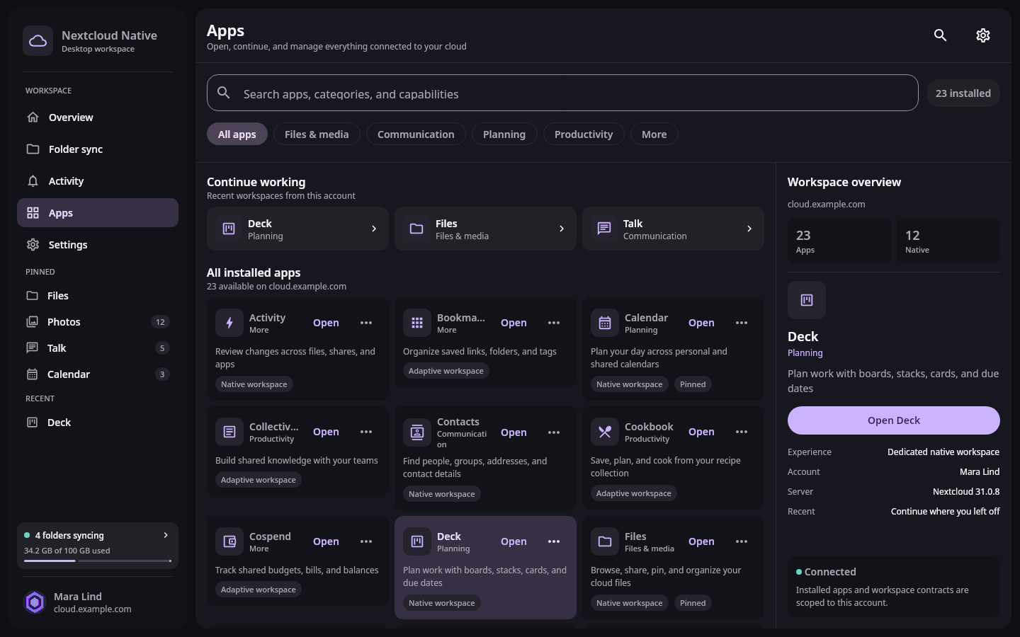 Apps workspace with pinned apps, recent work, app categories, installed app cards, search, and a persistent account sidebar